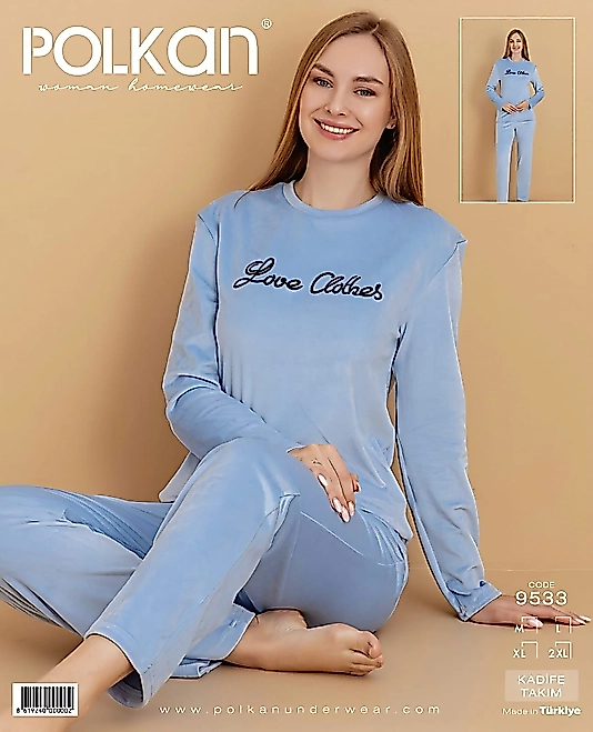 Polkan Fransız Kadife Kadın Pijama Takımı Buz Mavi