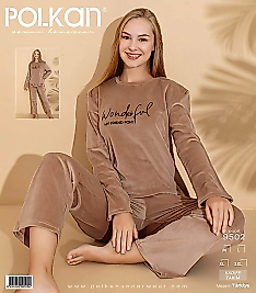 Polkan Fransız Kadife Kadın Pijama Takımı Açık Kahve