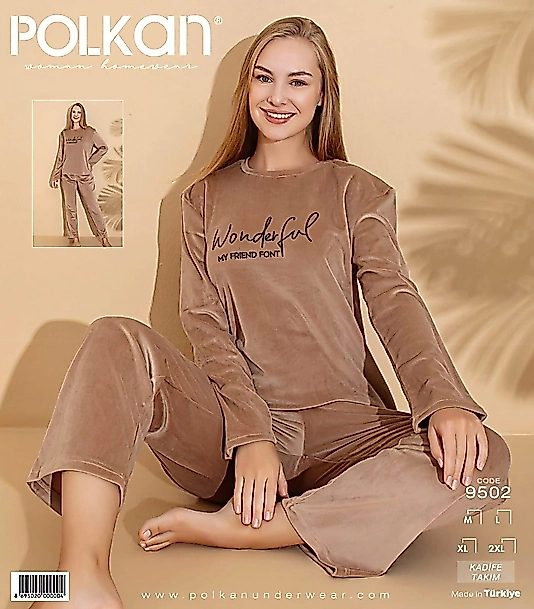 Polkan Fransız Kadife Kadın Pijama Takımı Açık Kahve