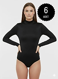 Sıla Sella 205 Viskon Yarım Balıkçı Yaka Uzun Kol Siyah Kancalı Body 6'lı Paket